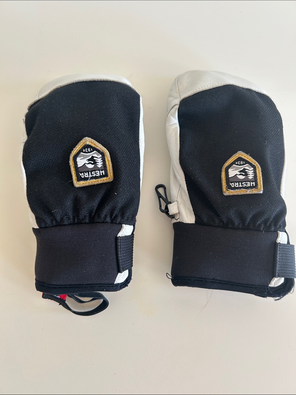 Hestra Kids Black and White Ski Mittens with Gold Logo Trim